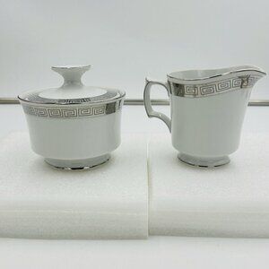 Harmony House Romaic Fine China Cream / Sugar Set Greek Key Platinum Rim 3671